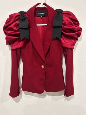 Fashion Nova Crimson Red Puff-Sleeve Blazer with Black Bow Accents